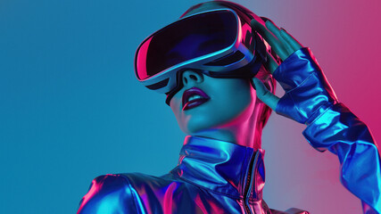 This striking image shows a person donning a VR headset, lost in an immersive experience under a mix of cool blue and warm pink lights