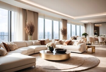 Blurred image of a luxury penthouse living area, generative AI
