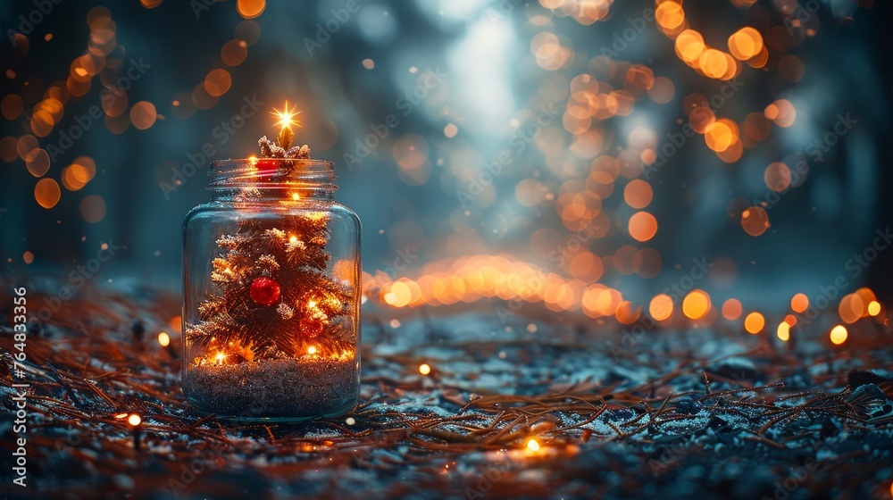 Poster An elegant Christmas tree with bokeh lights background surrounded by a copy space. Concept for Christmas and new year.