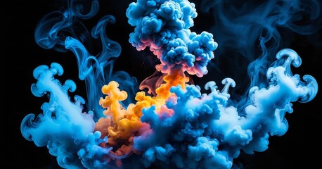 A dynamic dance of smoke in blue and orange hues mesmerizes against a pitch-black canvas. The contrast captures a fiery and cool interplay. AI generation - obrazy, fototapety, plakaty