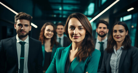 a diverse business team, dressed in formal dark blue and green suits, as they smile against a backdrop of office building.