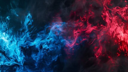 Obraz na płótnie Canvas A captivating panoramic view of abstract fog with red and blue swirling smoke against a black background, designed for logo mockups or wide-angle wallpapers