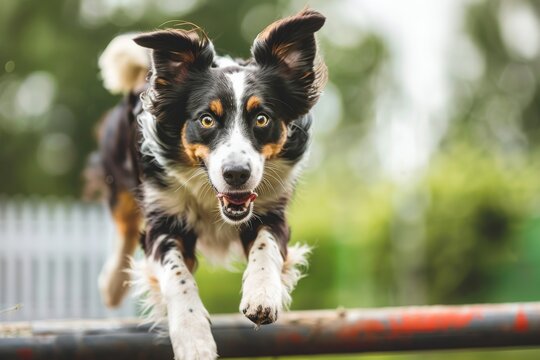 A sharply detailed image capturing a Border Collie's intense focus as it jumps over an obstacle in a lush environment