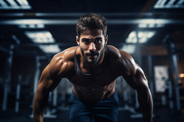 Fototapeta na wymiar Generative AI image of young strong muscular man bodybuilder coach training in gym