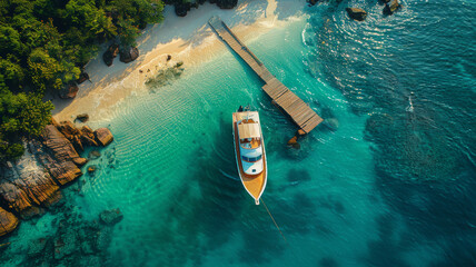 Aerial view of luxury yacht anchored in tropical exotic island beach with crystal clear turquoise sea. - 764833941