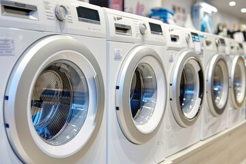 A lineup of modern washing machines on display at an appliance store, likely to be used in content about home appliances, shopping for household items, or consumer electronics