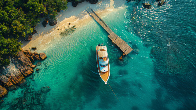 Aerial view of luxury yacht anchored in tropical exotic island beach with crystal clear turquoise sea.