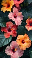 A vibrant collection of hibiscus flowers in shades of pink, red, and orange, set against dark green leaves in a lush tropical garden setting.