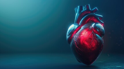 Human heart anatomy on dark background with copy space. Cardiology concept - obrazy, fototapety, plakaty