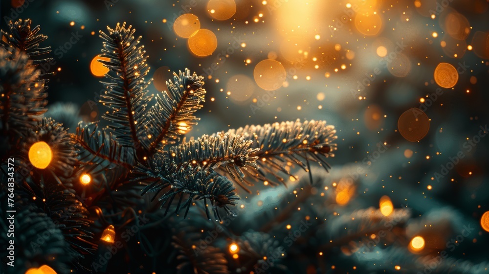 Poster season holiday background with a soft light effect and fir branches as well as bokeh.