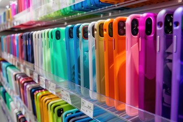 An array of colorful mobile phone cases on display shelves in a store, offering a wide selection for different tastes and preferences