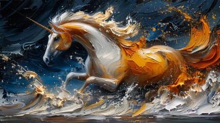 ...Abstract oil painting. Art painting with gold, horse, murals, paintings, knife painting. Art painting with large strokes, mural, and art wall. - obrazy, fototapety, plakaty