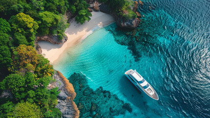 Aerial view of luxury yacht anchored in tropical exotic island beach with crystal clear turquoise sea. - 764834338