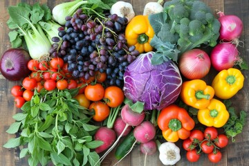 A variety of colorful vegetables and ripe grapes on a rustic wooden board showcasing an organic farm-fresh bounty - obrazy, fototapety, plakaty