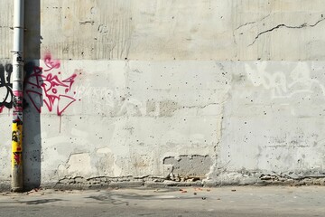 A simple concrete wall in an urban setting, marked with graffiti and a street sign, casting a...