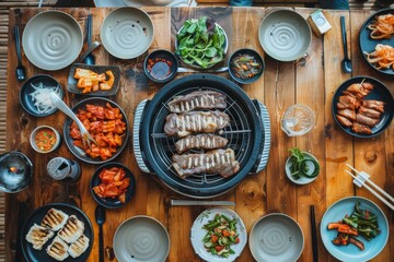 Overhead view of a sumptuous Korean BBQ feast including various side dishes spread on a wooden table