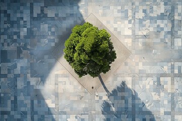 An overhead shot displays the contrast of a single tree and a human shadow on an intricate pavement design