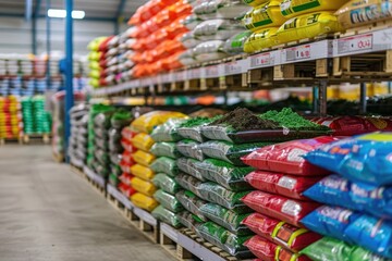 Fototapeta premium Gardening supplies in a hypermarket: Stacks of colorful bags of gardening products, such as soil and fertilizers, are neatly arranged on pallets in a spacious retail warehouse