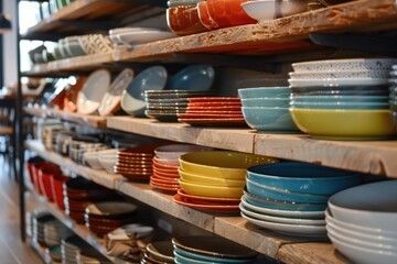 An assortment of kitchen dishes and bowls: A display of various dishes and bowls in different colors and sizes on wooden shelves, suggesting a retail environment for kitchenware