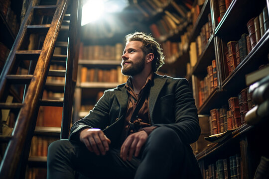 A young businessman reading a book in library dark rooom generated by AI