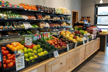 Produce section of a grocery store: The counter is stocked with a colorful assortment of fresh fruits and vegetables in an eco-products store, highlighting a variety of healthy food options available - obrazy, fototapety, plakaty