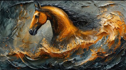 Oil on canvas. Abstract, golden brush strokes. Textured background. Horses, green, gray, wallpapers, posters, cards, murals, carpets, hangings, prints, posters, cards. - obrazy, fototapety, plakaty