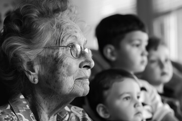 Fototapeta na wymiar Black and white image of an elderly woman with glasses pondering, accompanied by out-of-focus younger individuals