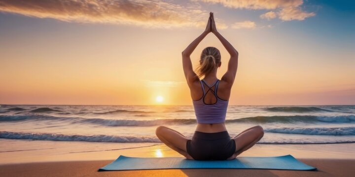 With the setting sun as a backdrop, a woman performs a yoga stretch on the beach. The colors of dusk paint a serene picture, reflecting her inner peace. AI generation