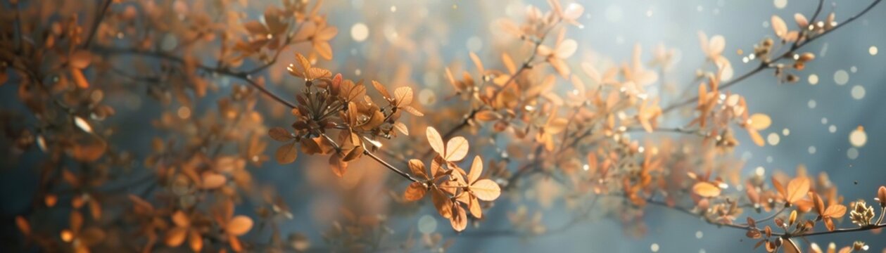 Autumn, foggy twilight, osmanthus fragrance in the air, closeup, golden petals barely visible in the misty veil
