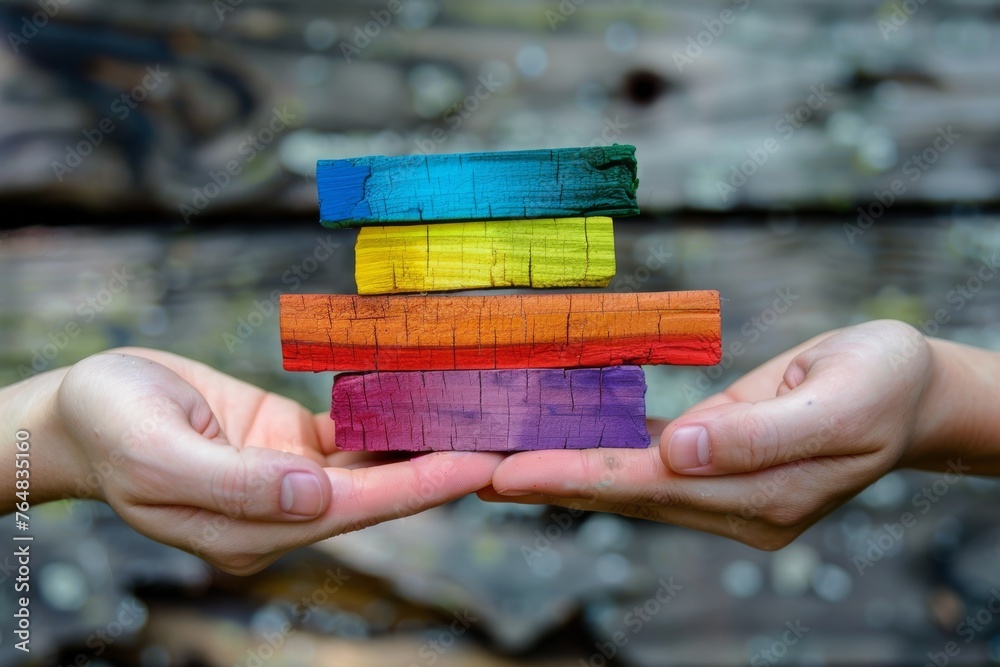 Poster two hands presenting a set of vibrant, stacked wooden blocks, signifying structure and teamwork