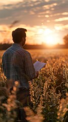 Fototapeta premium Farmer reviewing positive yield forecasts, dusk, backlight, widescreen, tranquil scene