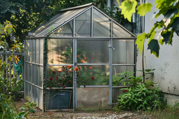 A small greenhouse with a metal frame and polycarbonate covering, situated in a garden setting. The image might be relevant for gardening, agriculture, or do-it-yourself project themes