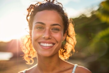 Radiant young woman with curly hair smiling in sunlight with a natural green backdrop during golden hour