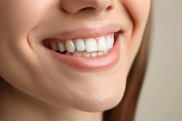Obraz premium Close-up of a smiling woman showcasing perfect white teeth, denoting health and happiness