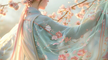 Spring, clear morning, maiden in peony embroidered hanfu, closeup, a dance of flowers and fabric in the gentle breeze