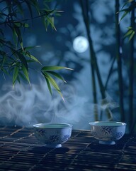 Spring, misty night, moonlit bamboo grove, porcelain cups of jasmine tea steam gently, whispers of eternity in the air 