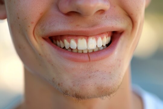 A high-resolution image showcasing a close-up of a young man's smile, revealing teeth and the texture of his skin