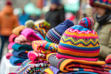 Fototapeta na wymiar An assortment of colorful hats displayed on a table, likely at an outdoor market, with people visible in the blurred background