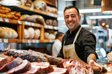 A smiling man presenting various types of cured ham, such as Iberico or Serrano, in a delicatessen or specialty food store, indicating a focus on gourmet products