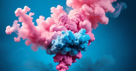 Fototapeta premium Captivating swirls of pink and blue smoke converge in a mesmerizing fusion, reminiscent of cotton candy clouds against a clear sky. The contrasting colors blend seamlessly, creating a soothing yet