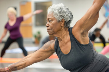 An active senior woman practicing a yoga pose with one arm and the opposite leg extended, in a class setting with other participants in the background, emphasizing health and fitness in older age