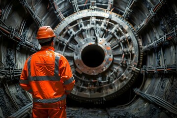 Fototapeta premium Supervising Engineer in Orange Safety Gear Monitoring Tunnel Boring Machine Operation in Subway Construction. Concept Construction Site Safety, Tunnel Boring Machine Operation, Subway Construction