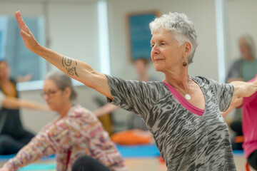 An active senior woman practicing a yoga pose with one arm and the opposite leg extended, in a class setting with other participants in the background, emphasizing health and fitness in older age