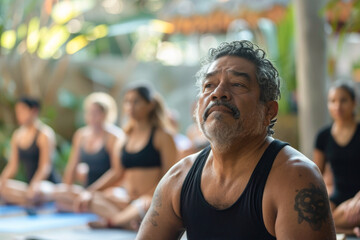 Fototapeta premium Latin American man practicing a yoga pose known as Matsyendrasana, or the Lord of the Fishes pose, during a group yoga session. His relaxed expression and the presence of others in the background