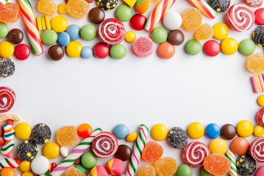 Colorful candies arranged in an overhead double-sided border on a white banner background