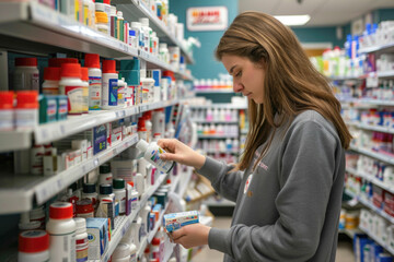 A young female pharmacist is organizing products on the shelves in a pharmacy, surrounded by a variety of medications and health-related items