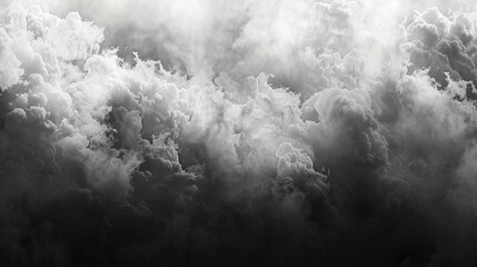 A panoramic scene filled with white cloudiness, mist, or smog against a black background, creating a swirling gray smoke effect suitable for logos or as a horizontal wallpaper - obrazy, fototapety, plakaty