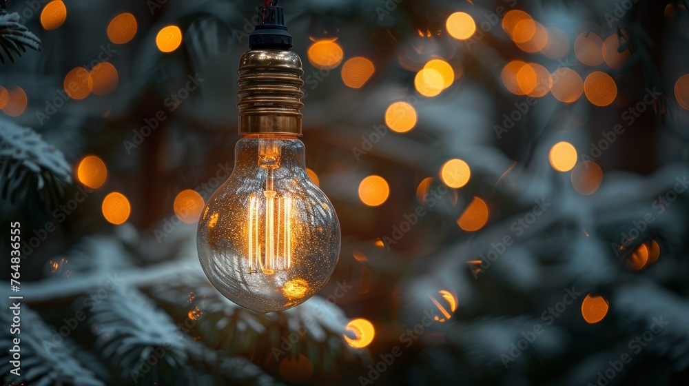 Wall mural Happy new year 2025 concept: abstract bokeh light bulb and blurred green Christmas tree