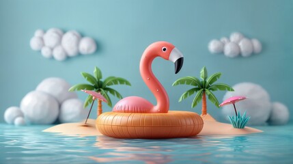 A Whimsical 3D Illustration Of A Pink Flamingo Float On Water With A Miniature Beach Setup, Complete With Palm Trees And An Umbrella. Copy Space. Suitable For Advertising, Banner, Social Network Post - obrazy, fototapety, plakaty