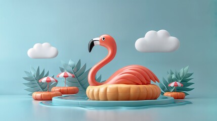 3D Illustration With A Pink Flamingo Floating on Pool. Copy Space. Suitable For Advertising, Banner, Social Network Post